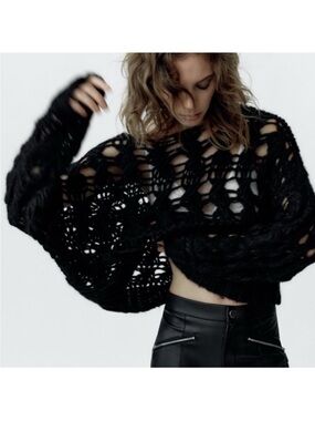 Zara Black Open Knit Wool Alpaca Sweater Size S NWT!